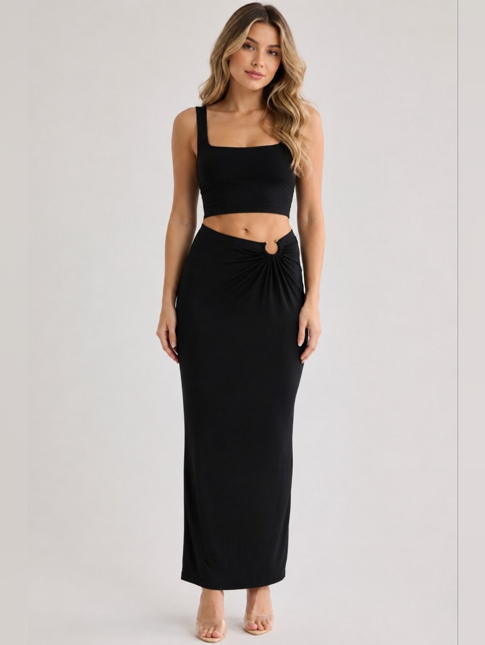 Good American Black Maxi Skirt with Ring Detail